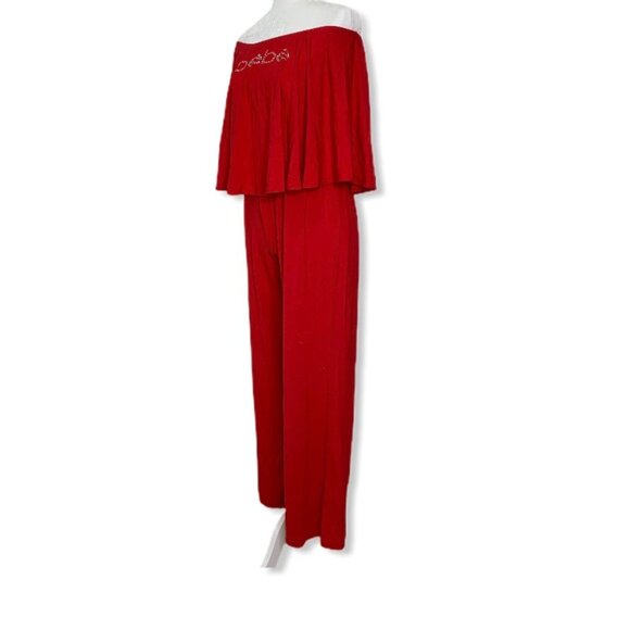 Bebe Embellished Logo Strapless Wide Leg Women's Jumpsuits True Red Size L - Picture 3 of 11